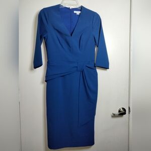 Kay Unger New York (Size 8) Blue V-Neck Half Sleeve Londyn Midi Sheath Dress